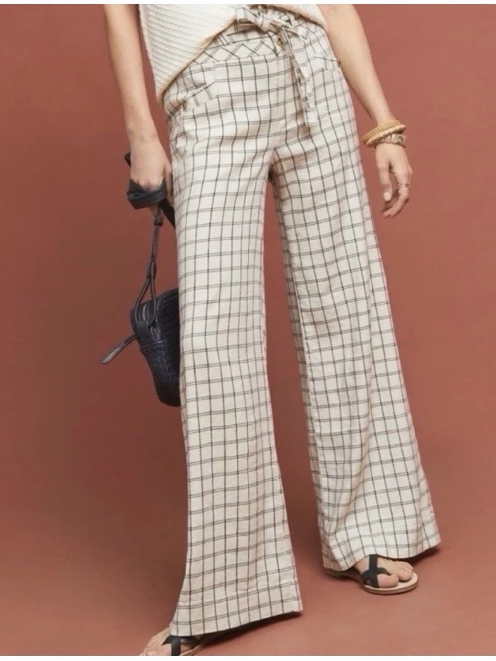 Anthropologie Wide Leg Trouser Pants Size 4 High Rise Windowpane Linen Cream